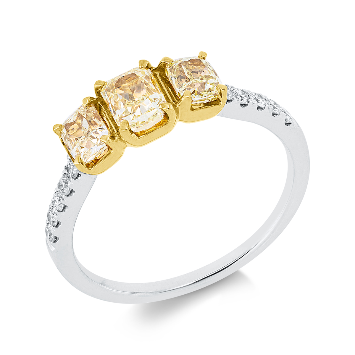 cushion fancy colored diamond ring in white gold / yellow gold