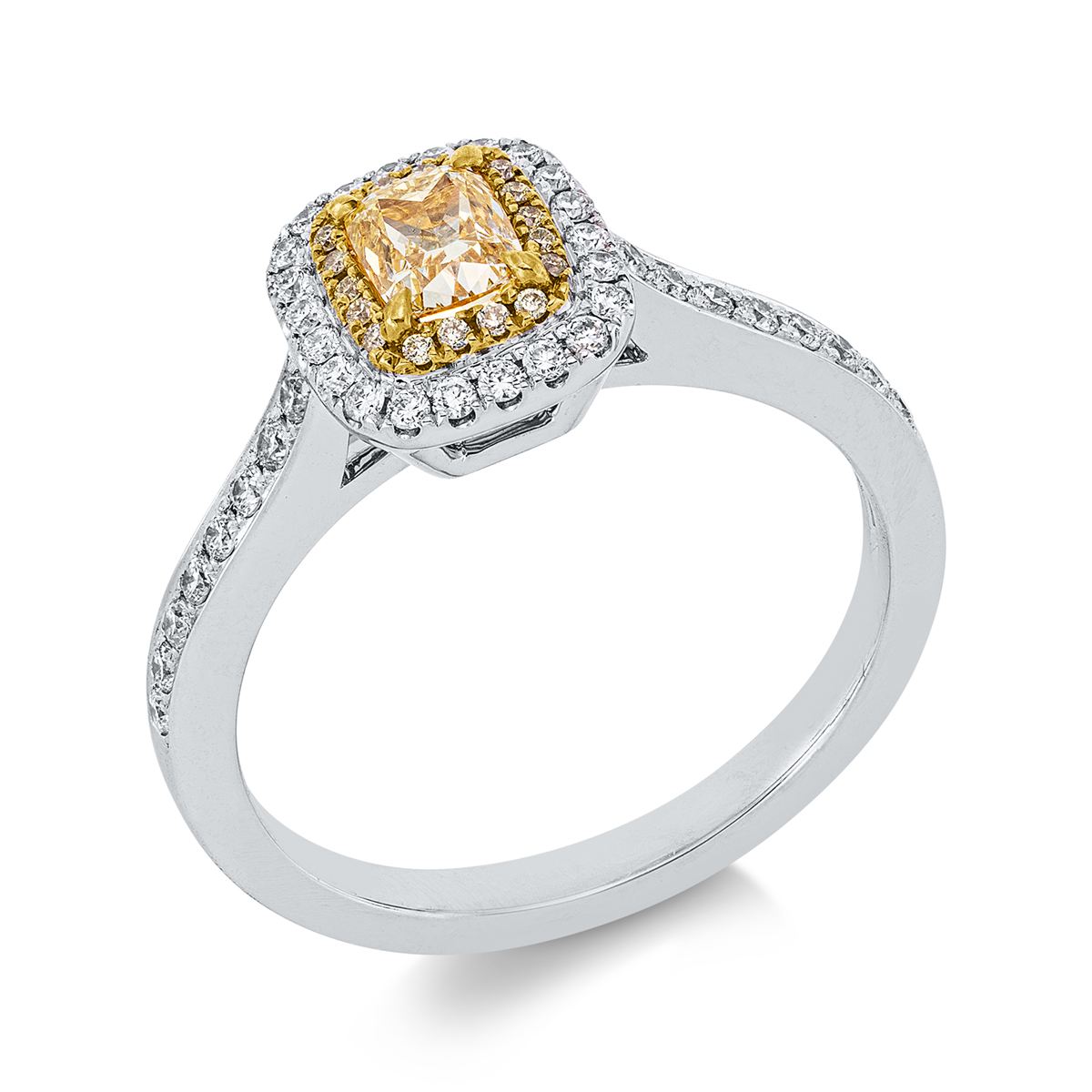 cushion fancy colored diamond ring in white gold / yellow gold
