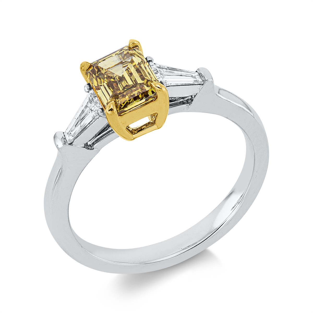 emerald cut fancy colored diamond ring in white gold / yellow gold