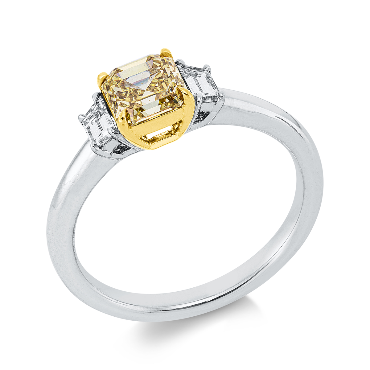 assher cut fancy colored diamond ring in white gold / yellow gold