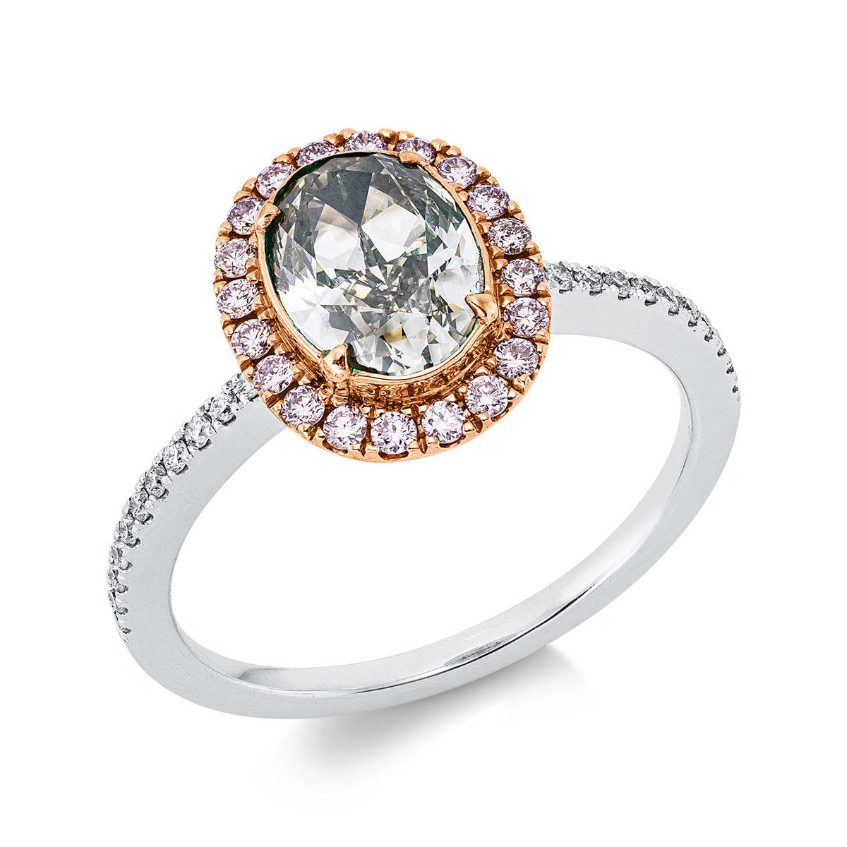 oval fancy colored diamond ring in whitegold / rosegold