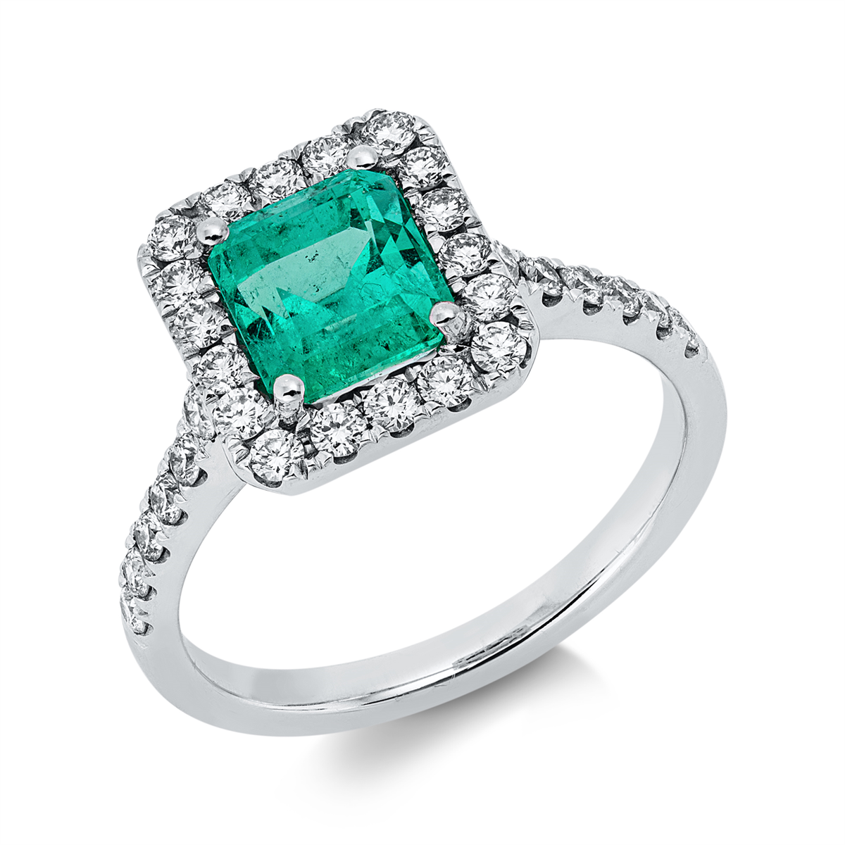 diamond full cut emerald colored stone classic ring in white gold
