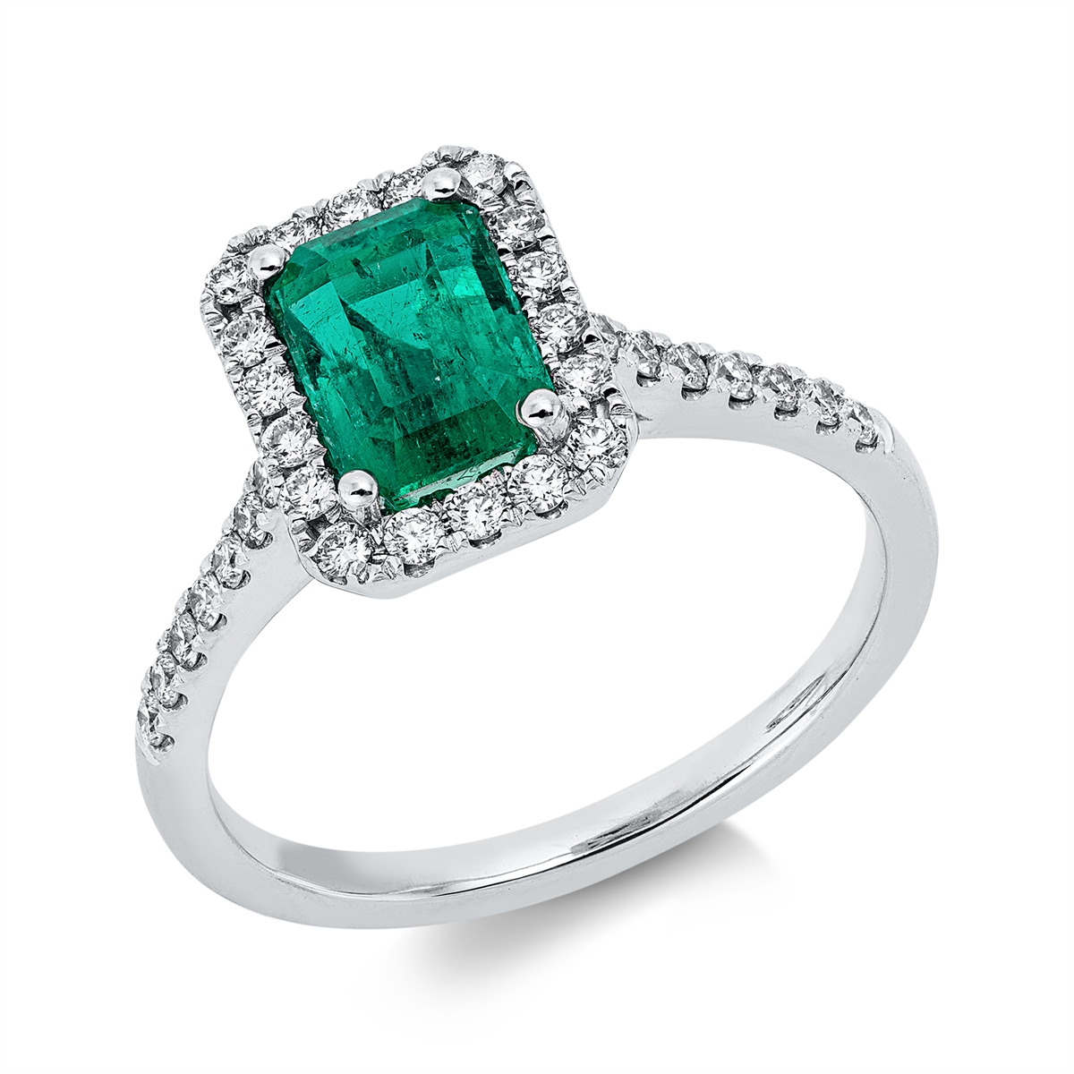 diamond full cut emerald colored stone classic ring in white gold
