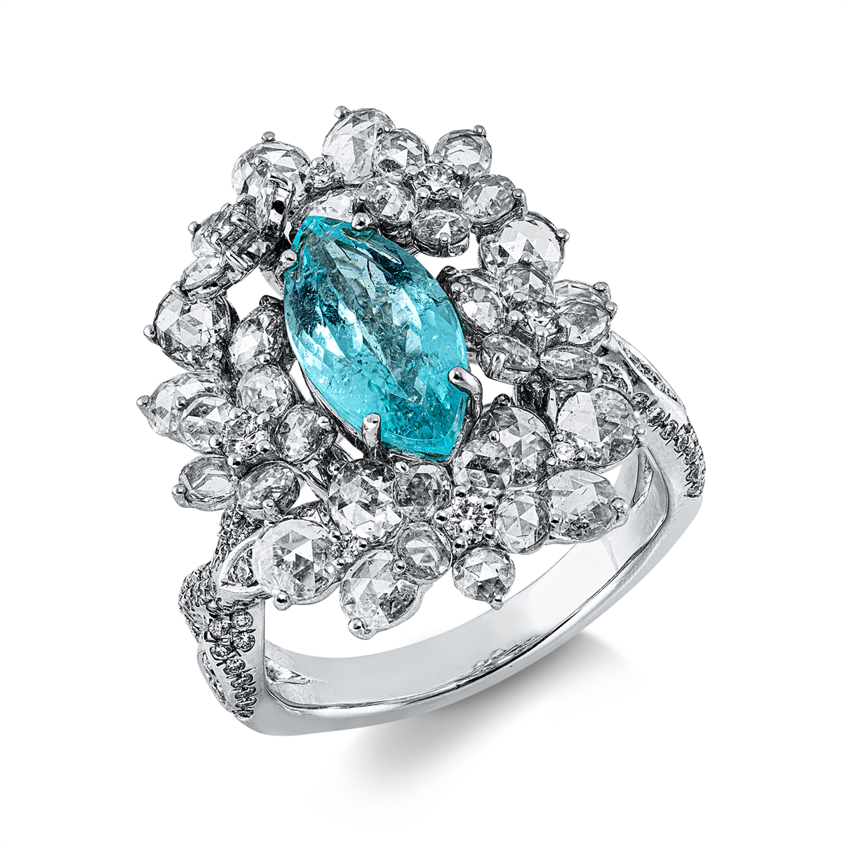 fantasy-cut paraiba colored stone classic ring in white gold