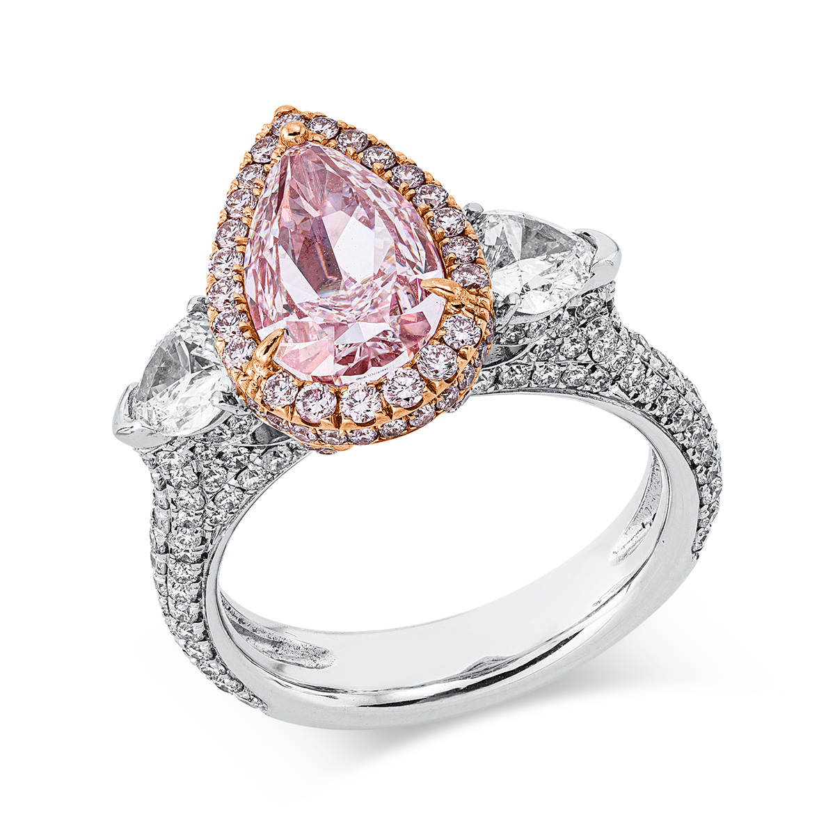 pear shape fancy colored diamond ring in whitegold / rosegold