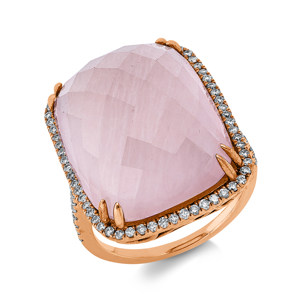 diamond full cut rose quartz colored stone fashion ring in red gold