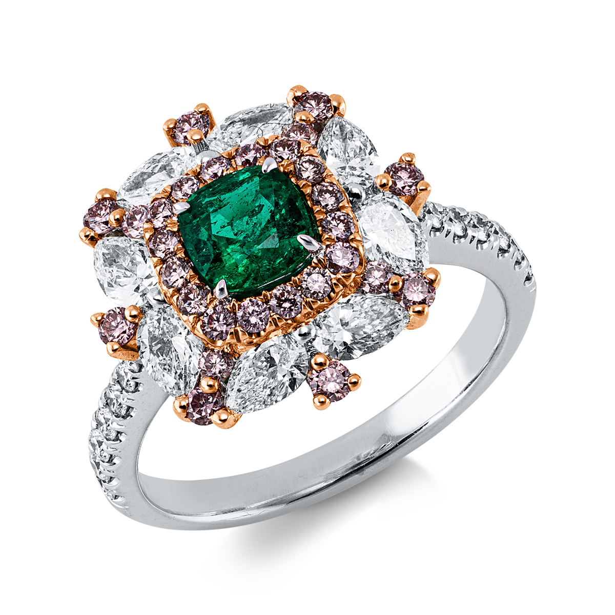 diamond full cut emerald colored stone classic ring in whitegold / rosegold