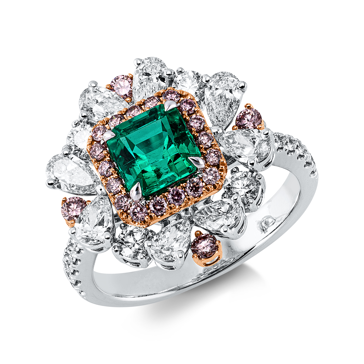 diamond full cut emerald colored stone classic ring in whitegold / rosegold