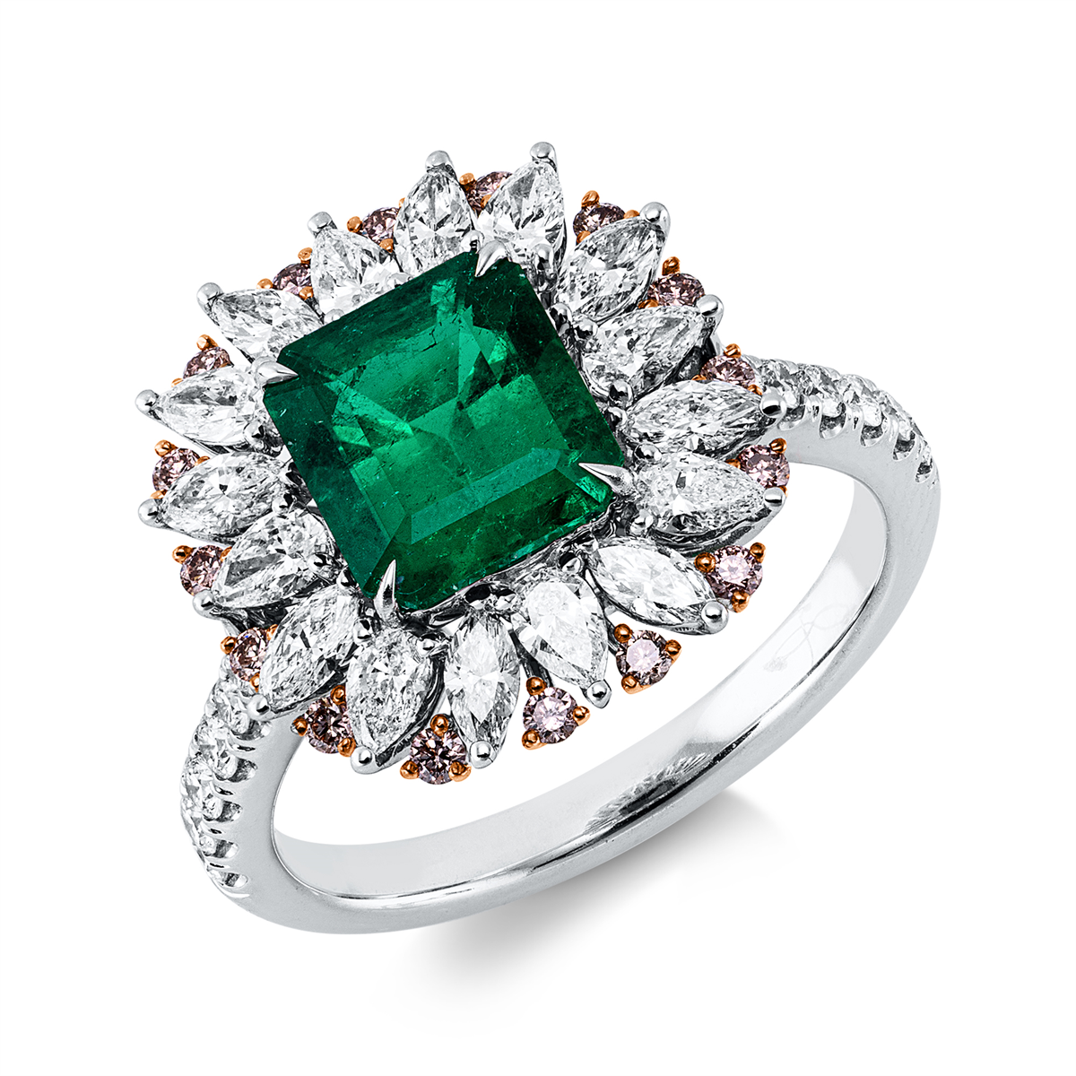 diamond full cut emerald colored stone classic ring in whitegold / rosegold