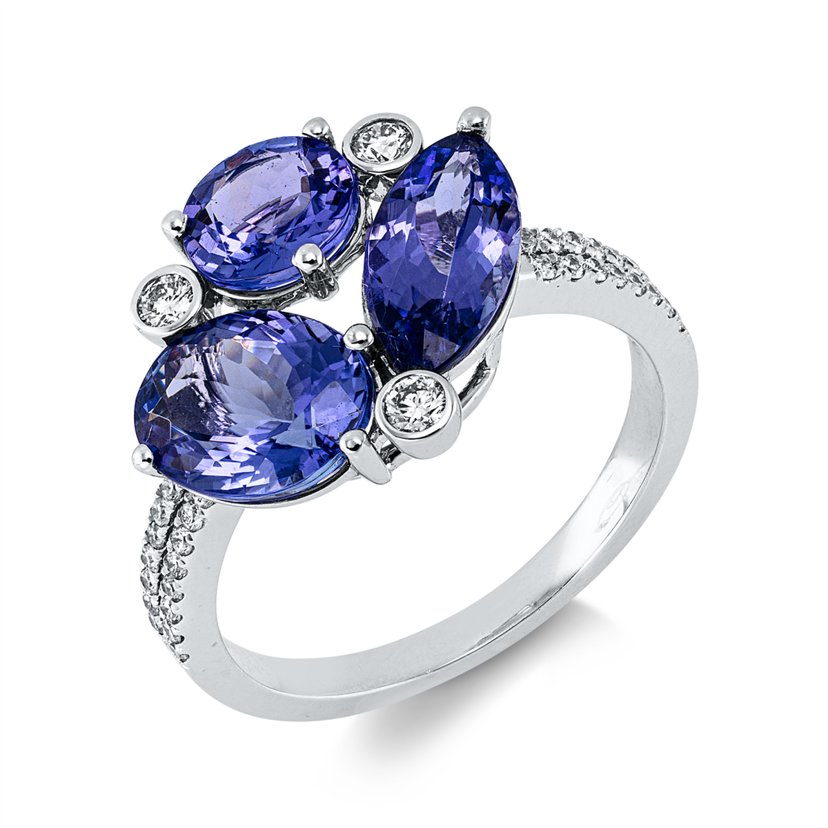 diamond full cut tanzanite colored stone classic ring in white gold