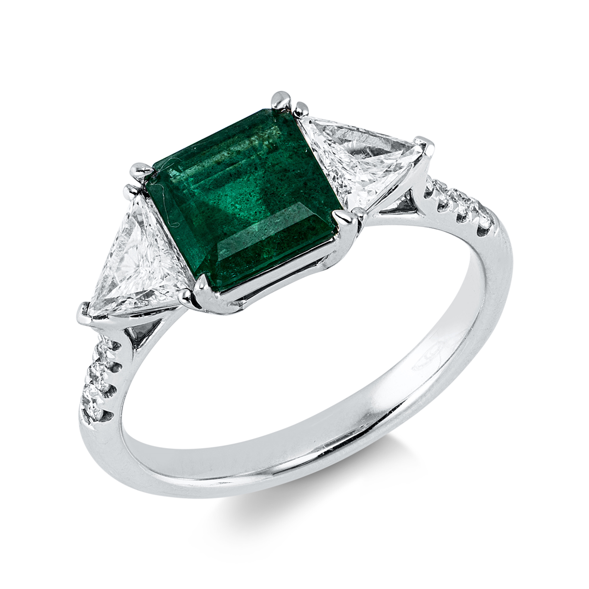diamond full cut emerald colored stone classic ring in white gold