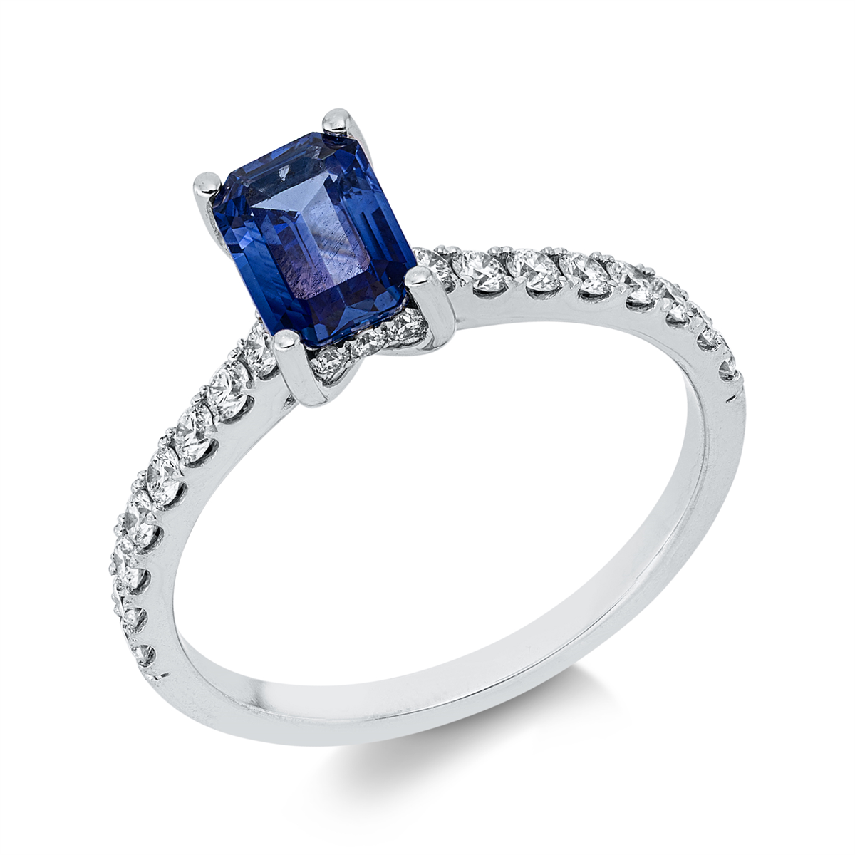 diamond full cut sapphire colored stone classic ring in white gold