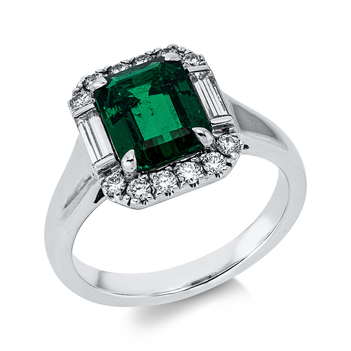 diamond single cut emerald colored stone classic ring in white gold