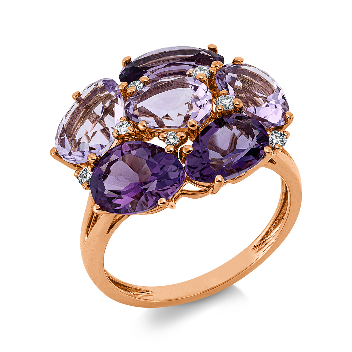 diamond full cut amethyst colored stone fashion ring in red gold