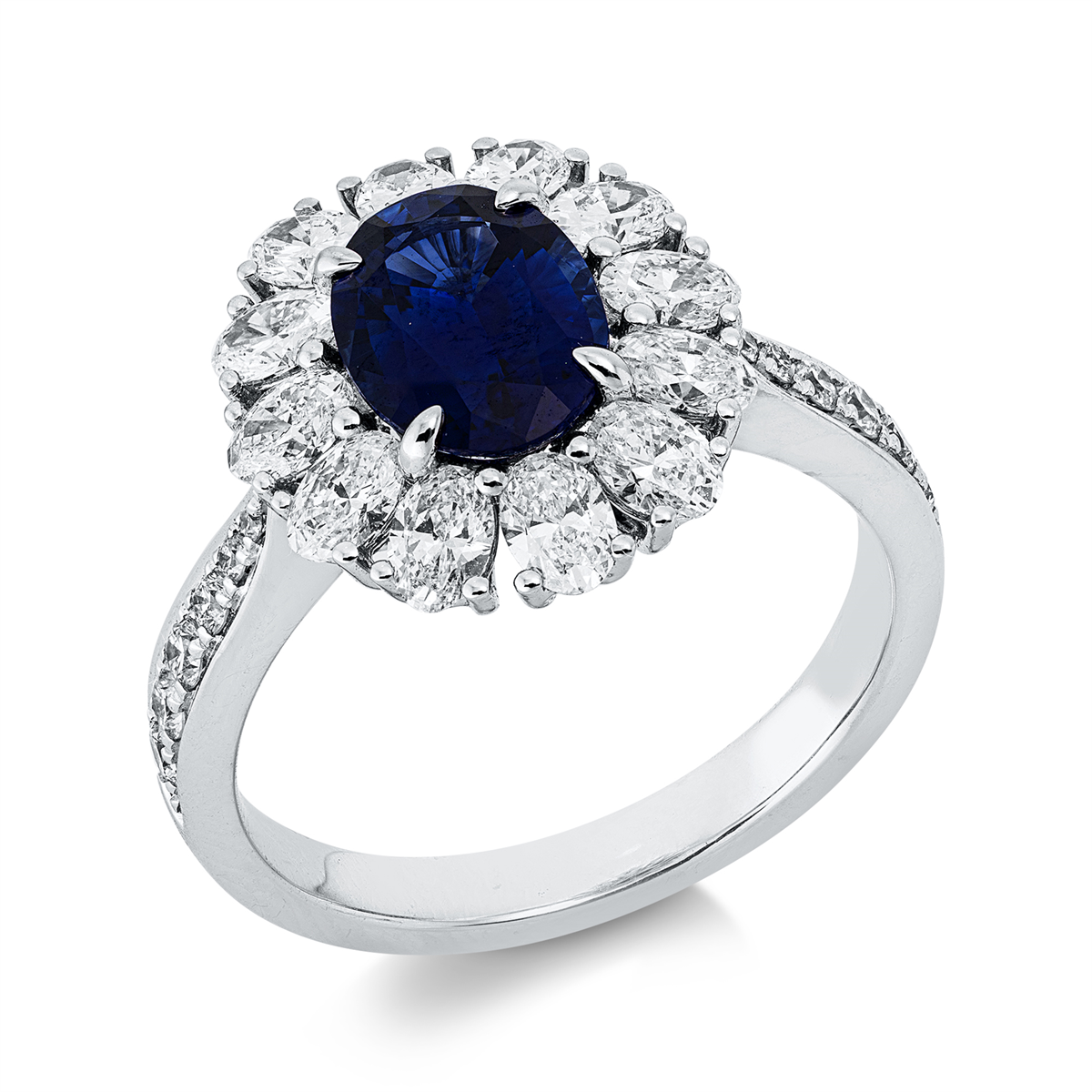 diamond full cut sapphire colored stone classic ring in white gold