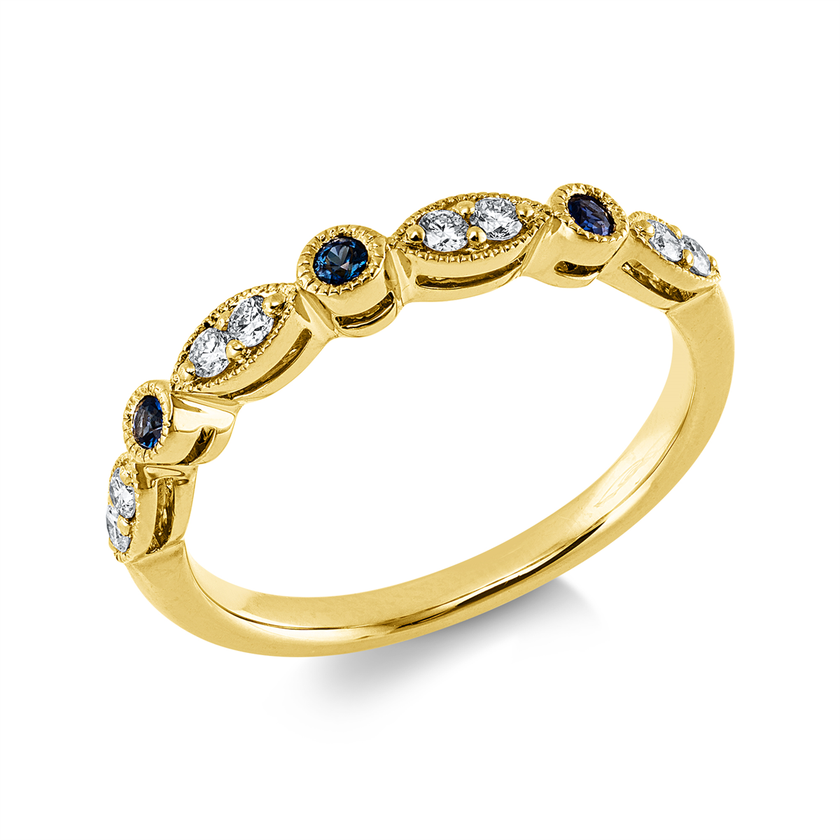 diamond full cut sapphire colored stone classic ring in yellow gold