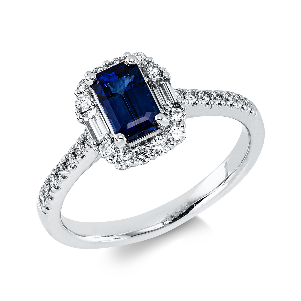 diamond full cut sapphire colored stone classic ring in white gold