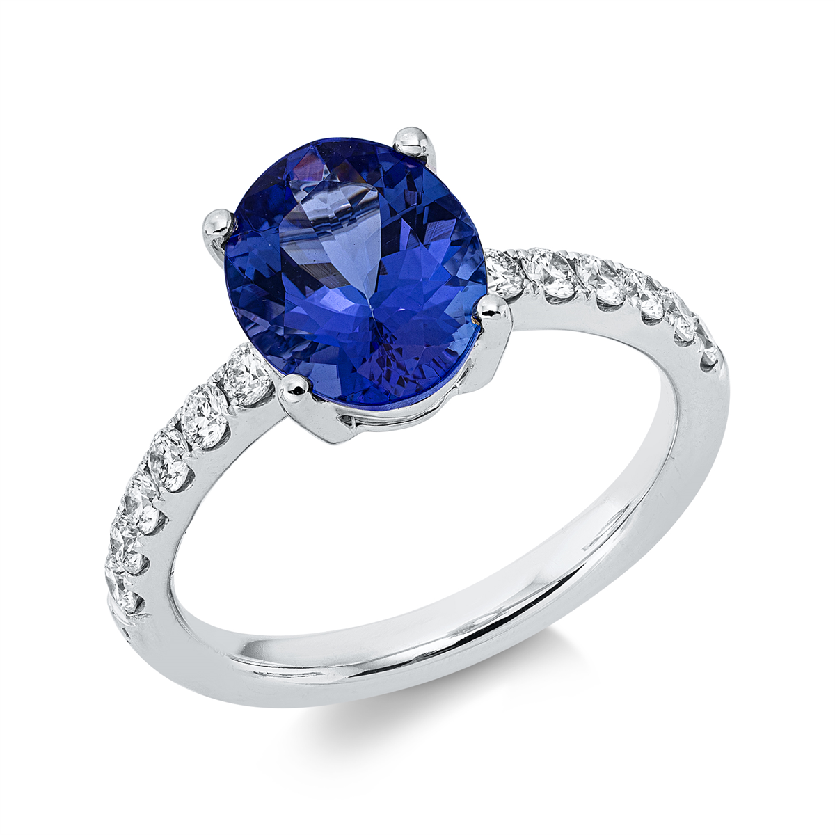 diamond full cut tanzanite colored stone classic ring in white gold