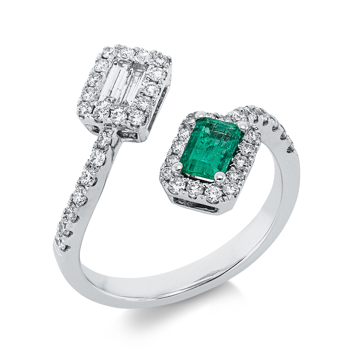 diamond full cut emerald colored stone classic ring in white gold