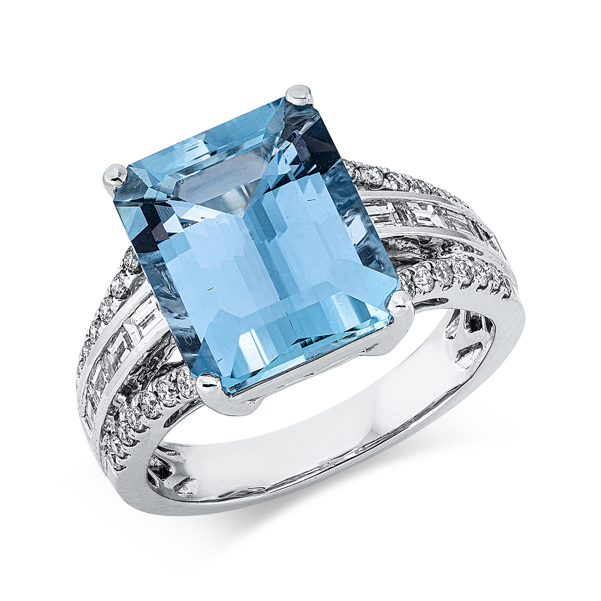 diamond full cut aquamarine colored stone classic ring in white gold