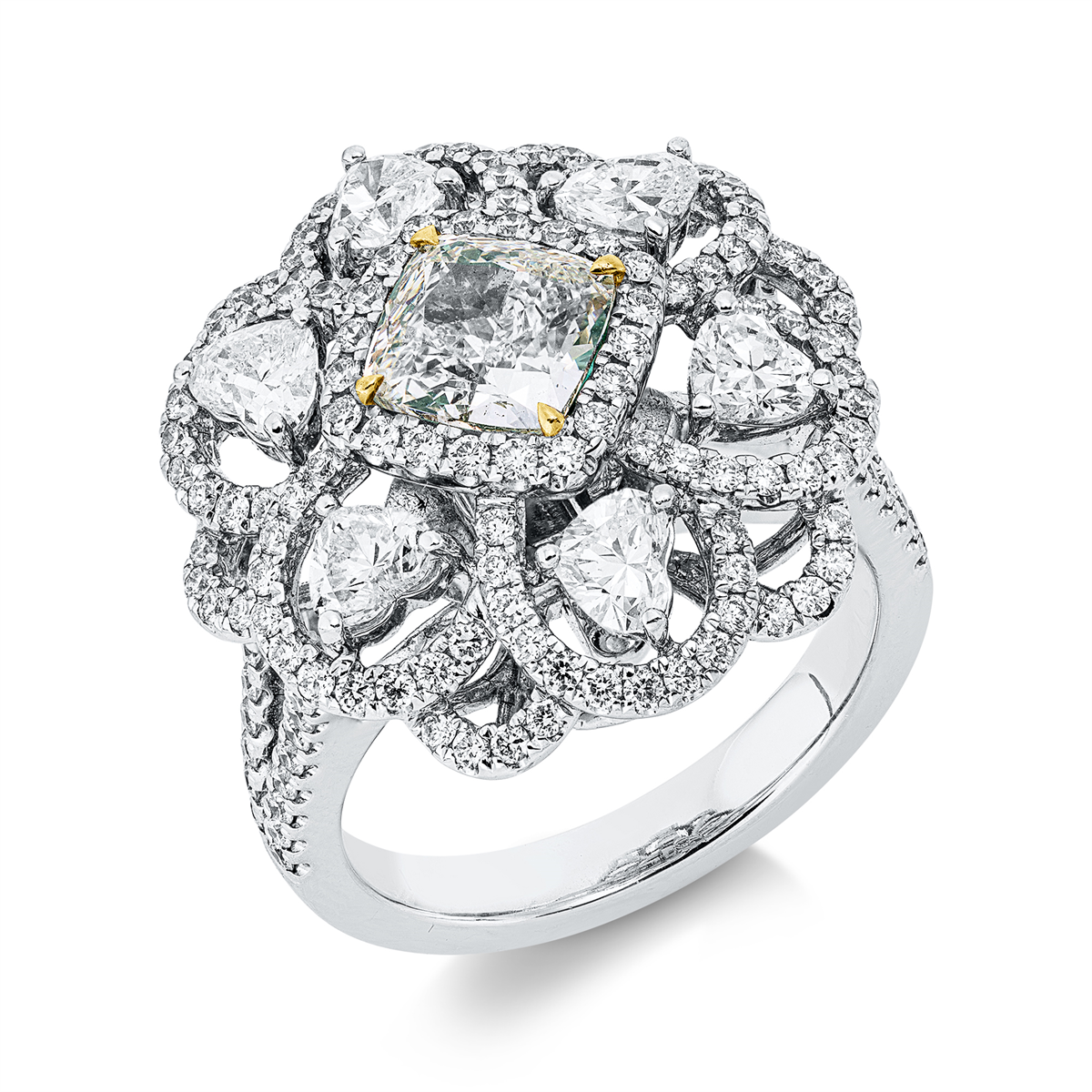 cushion fancy colored diamond ring in white gold / yellow gold