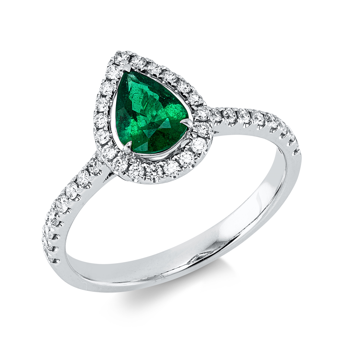 diamond full cut emerald colored stone classic ring in white gold