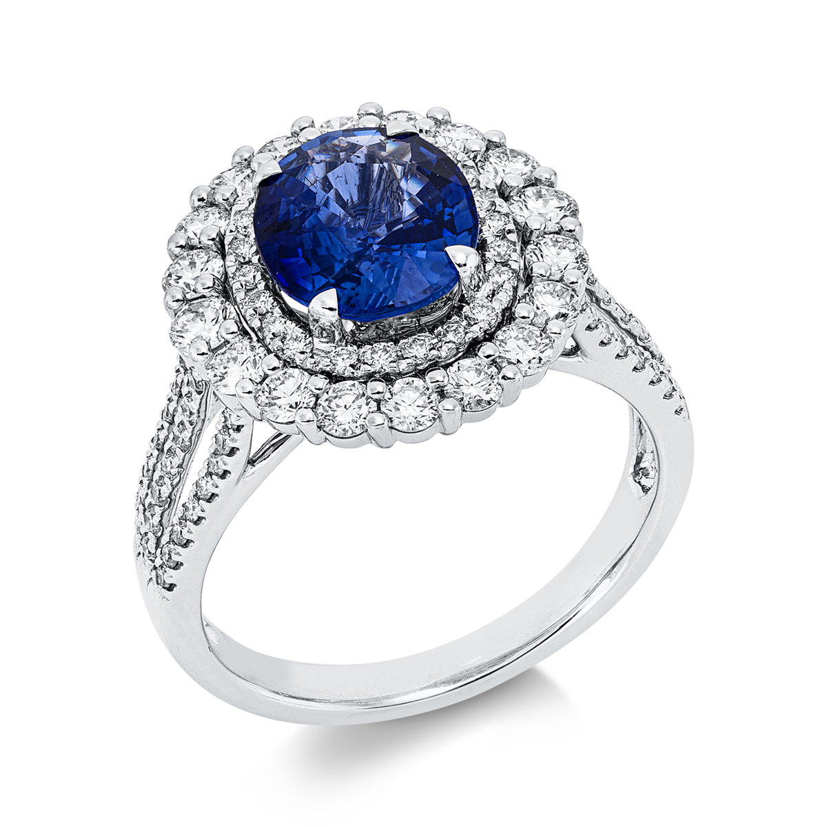diamond full cut sapphire colored stone classic ring in white gold