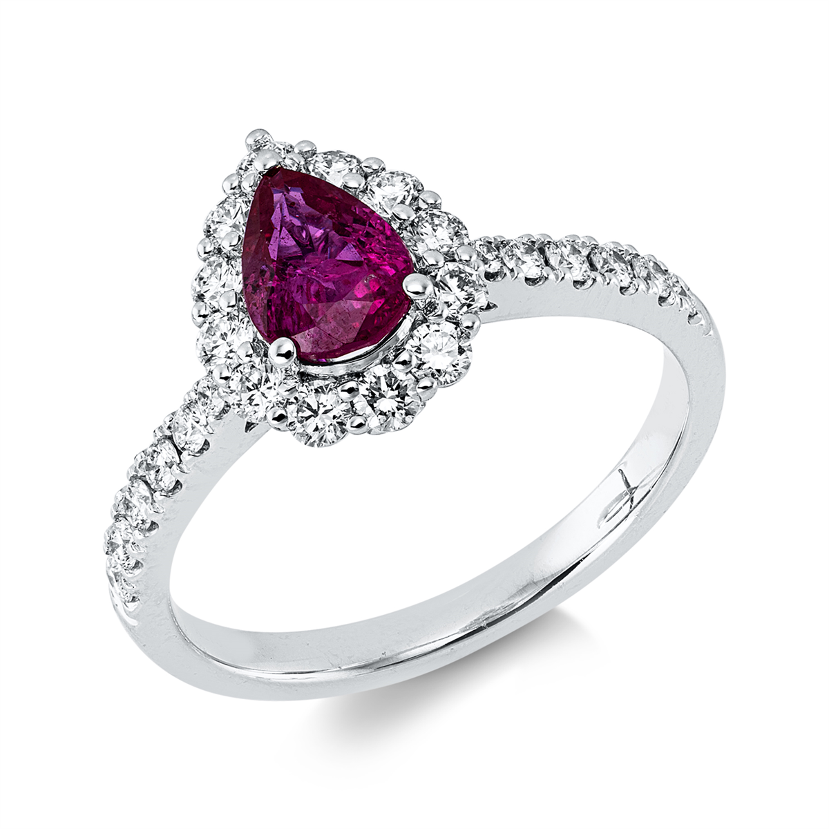 diamond full cut ruby colored stone classic ring in white gold