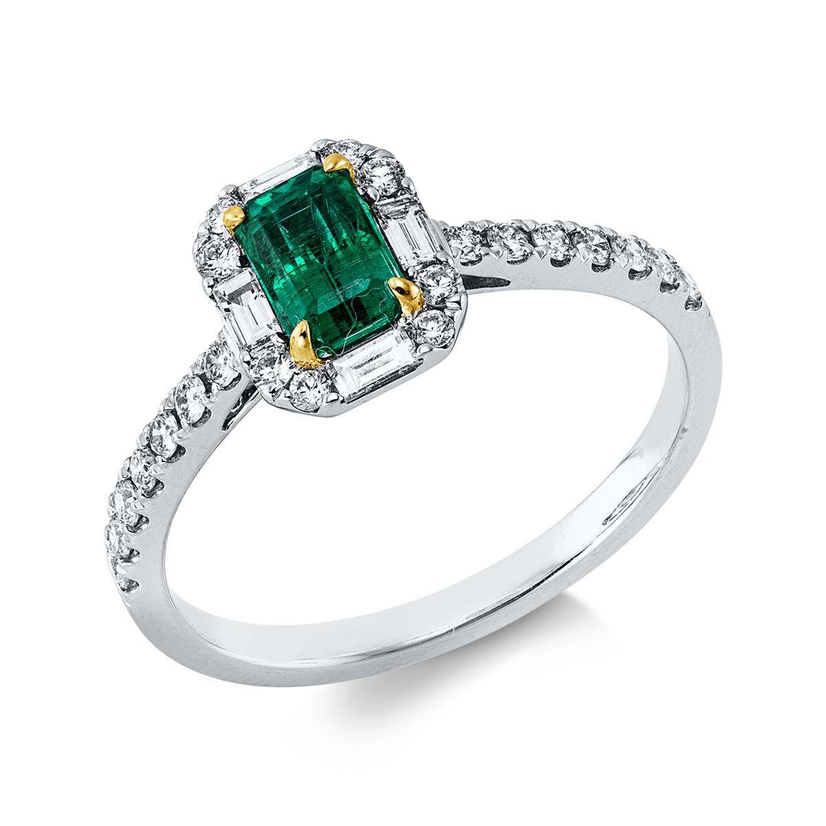 diamond full cut emerald colored stone classic ring in white gold / yellow gold