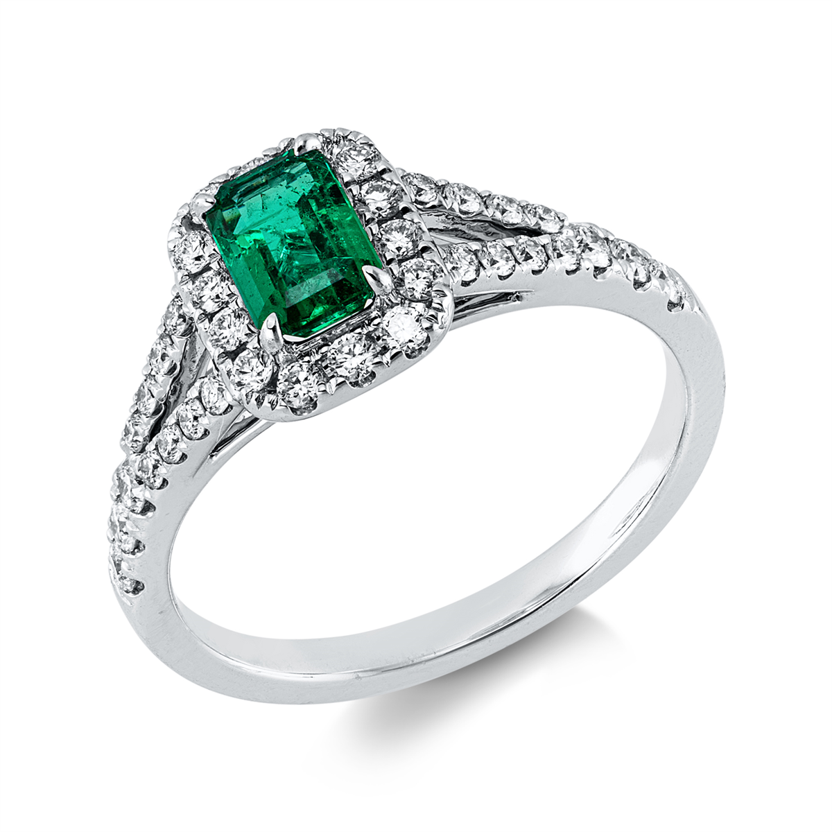 diamond full cut emerald colored stone classic ring in white gold