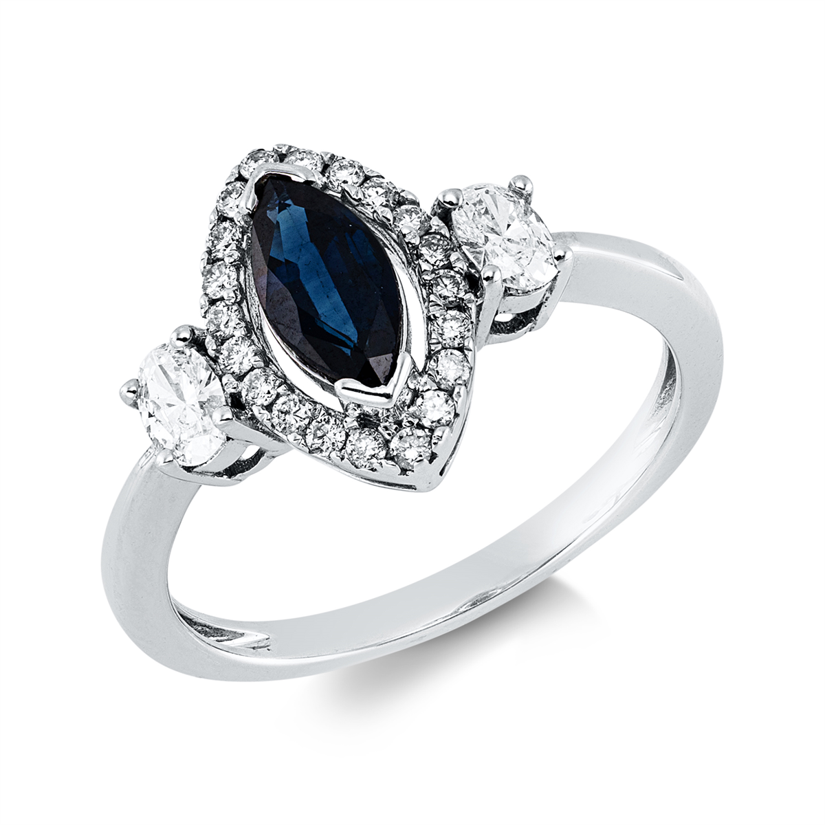 diamond full cut sapphire colored stone classic ring in white gold