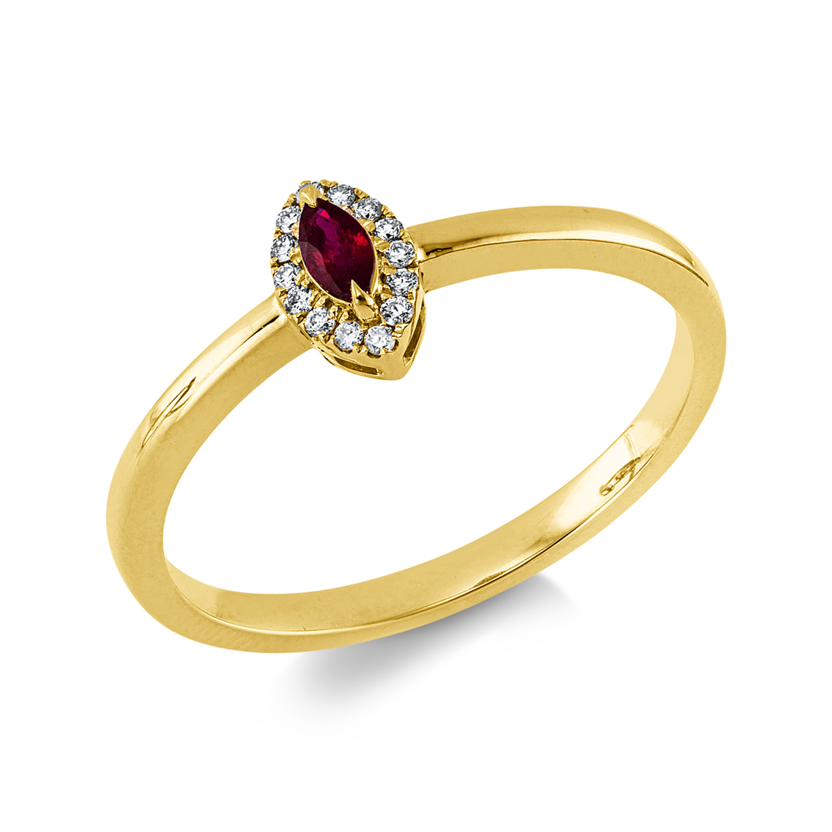diamond full cut ruby colored stone classic ring in yellow gold