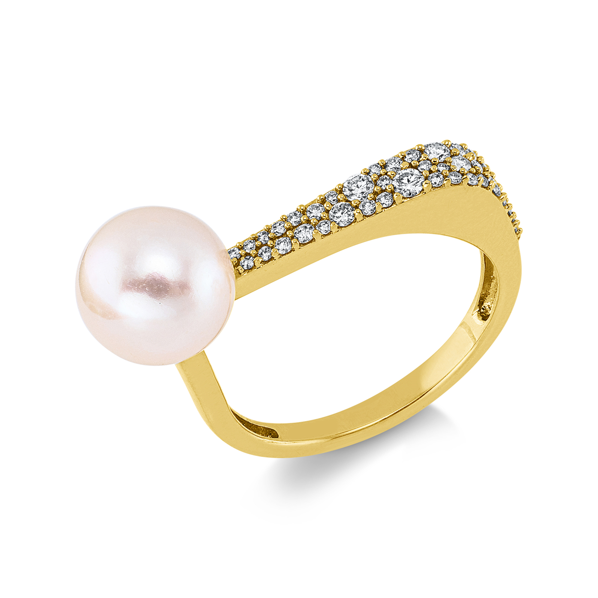 diamond full cut pearl ring in yellow gold