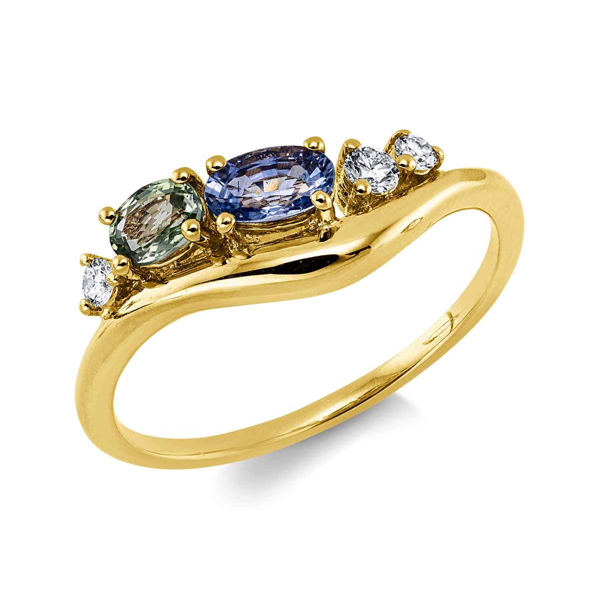 diamond full cut sapphire colored stone classic ring in yellow gold