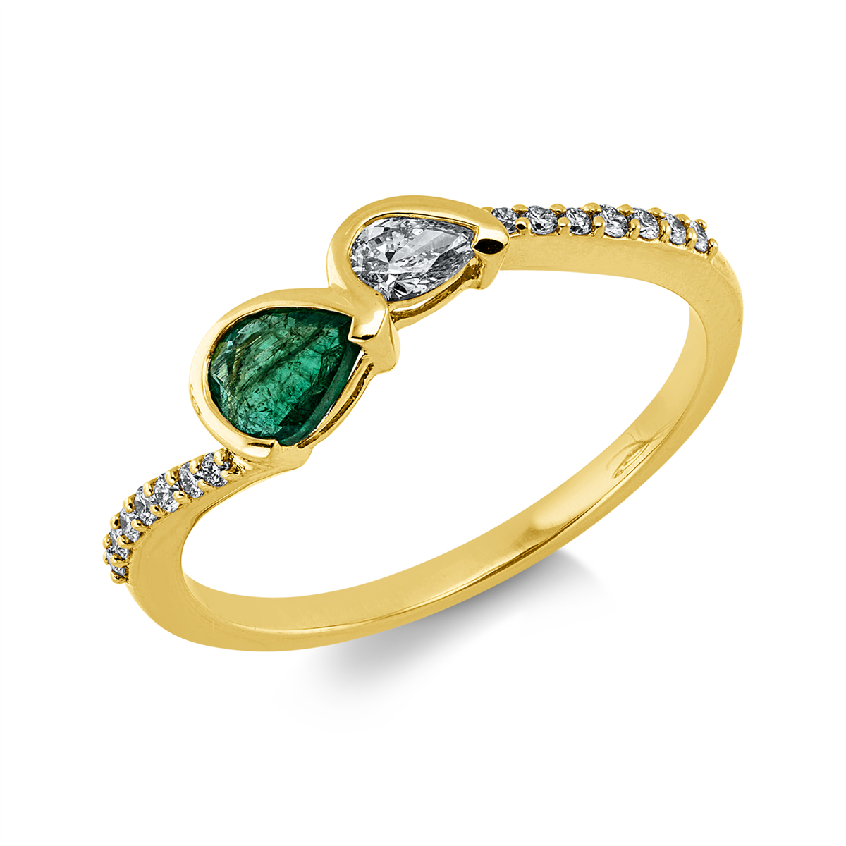 diamond full cut emerald colored stone classic ring in yellow gold