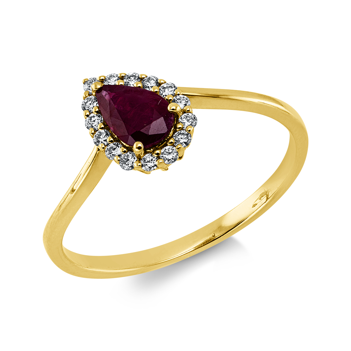 diamond full cut ruby colored stone classic ring in yellow gold