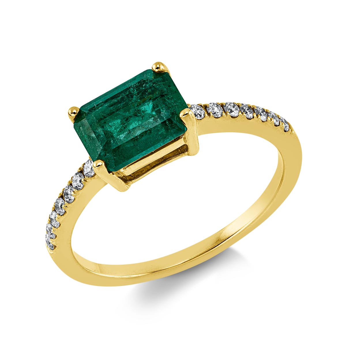 diamond full cut emerald colored stone classic ring in yellow gold