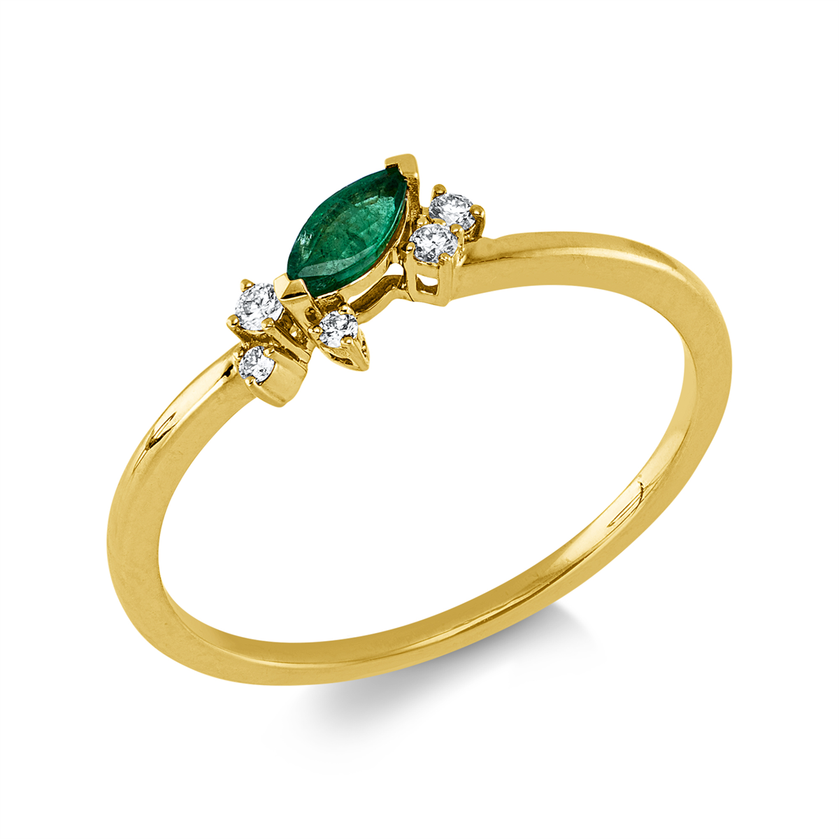 diamond full cut emerald colored stone classic ring in yellow gold