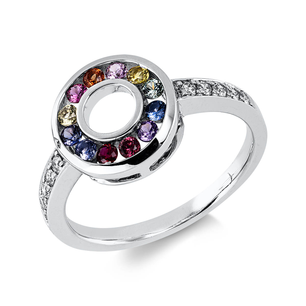 diamond full cut color stones colored stone fashion ring in white gold
