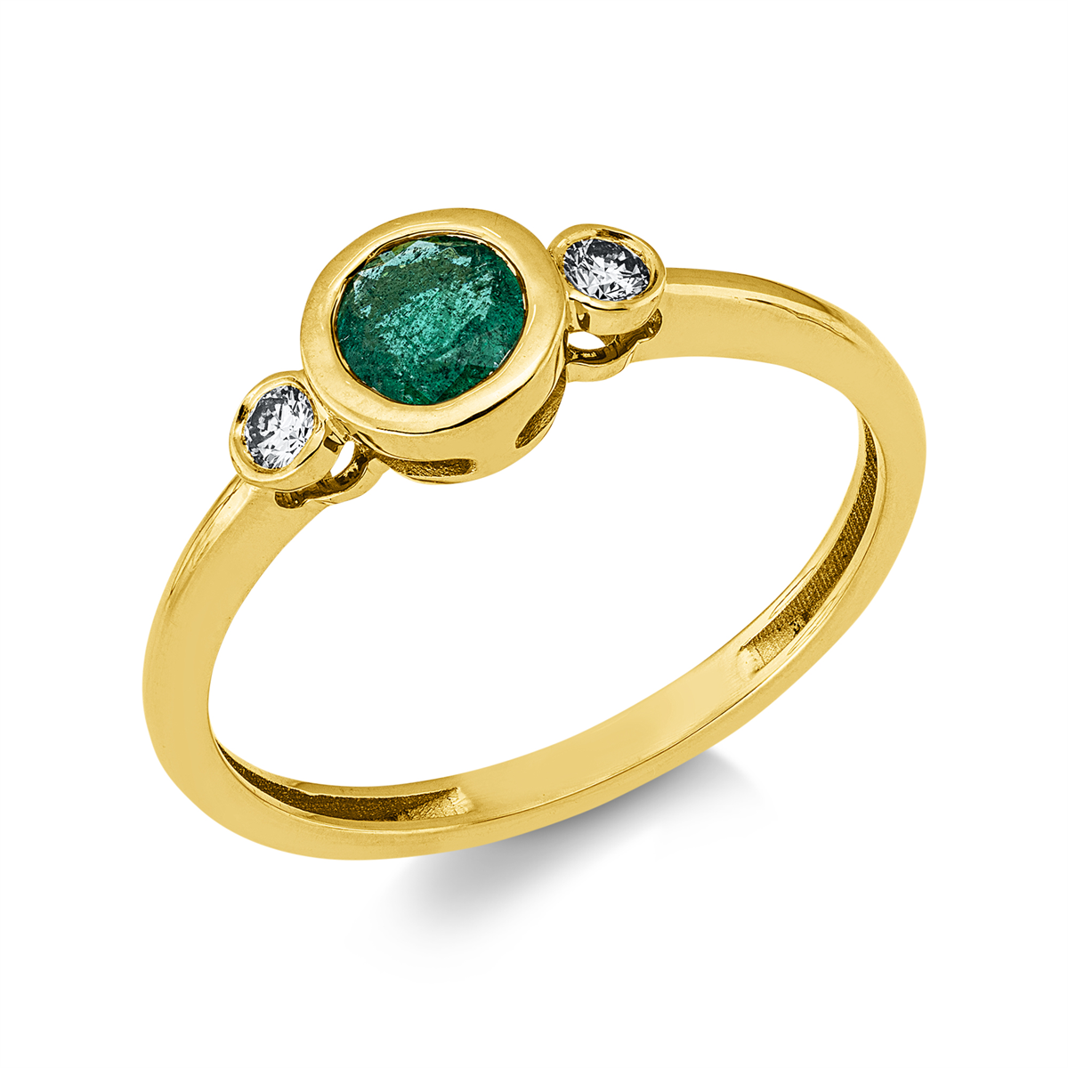 diamond full cut emerald colored stone classic ring in yellow gold
