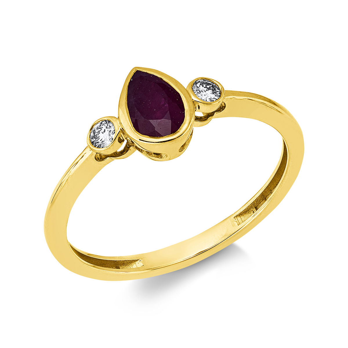 diamond full cut ruby colored stone classic ring in yellow gold