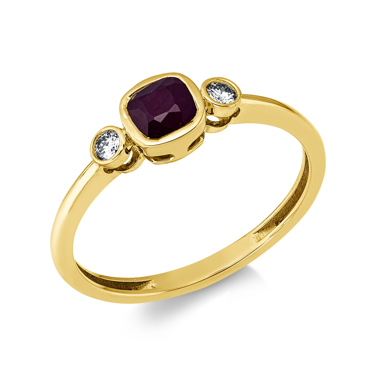 diamond full cut ruby colored stone classic ring in yellow gold