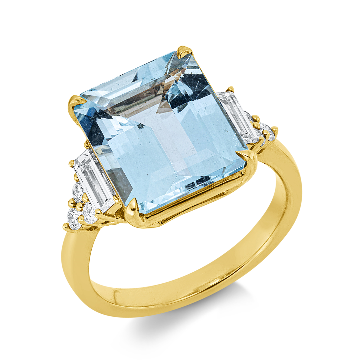 diamond full cut aquamarine colored stone classic ring in yellow gold