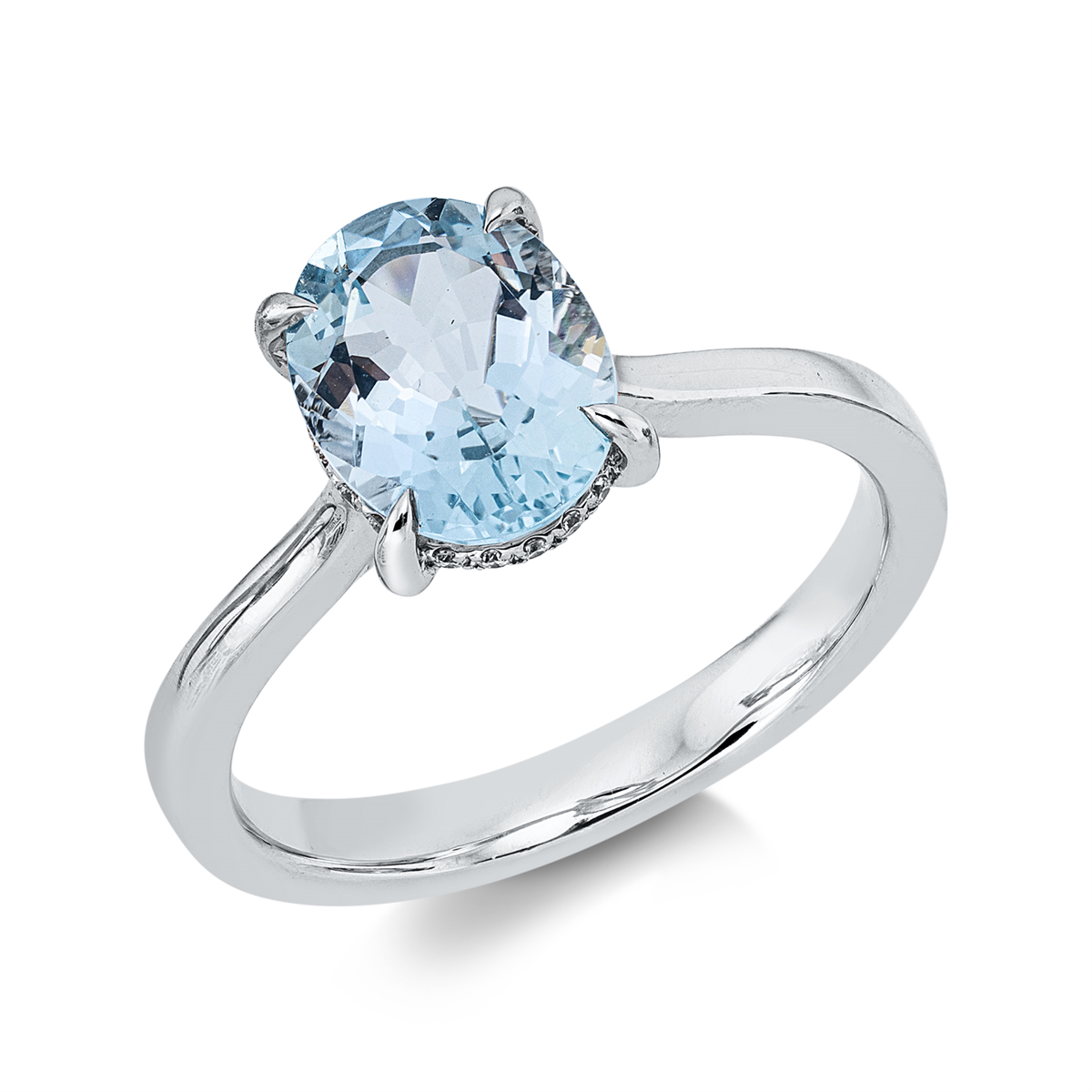 diamond full cut aquamarine colored stone classic ring in white gold