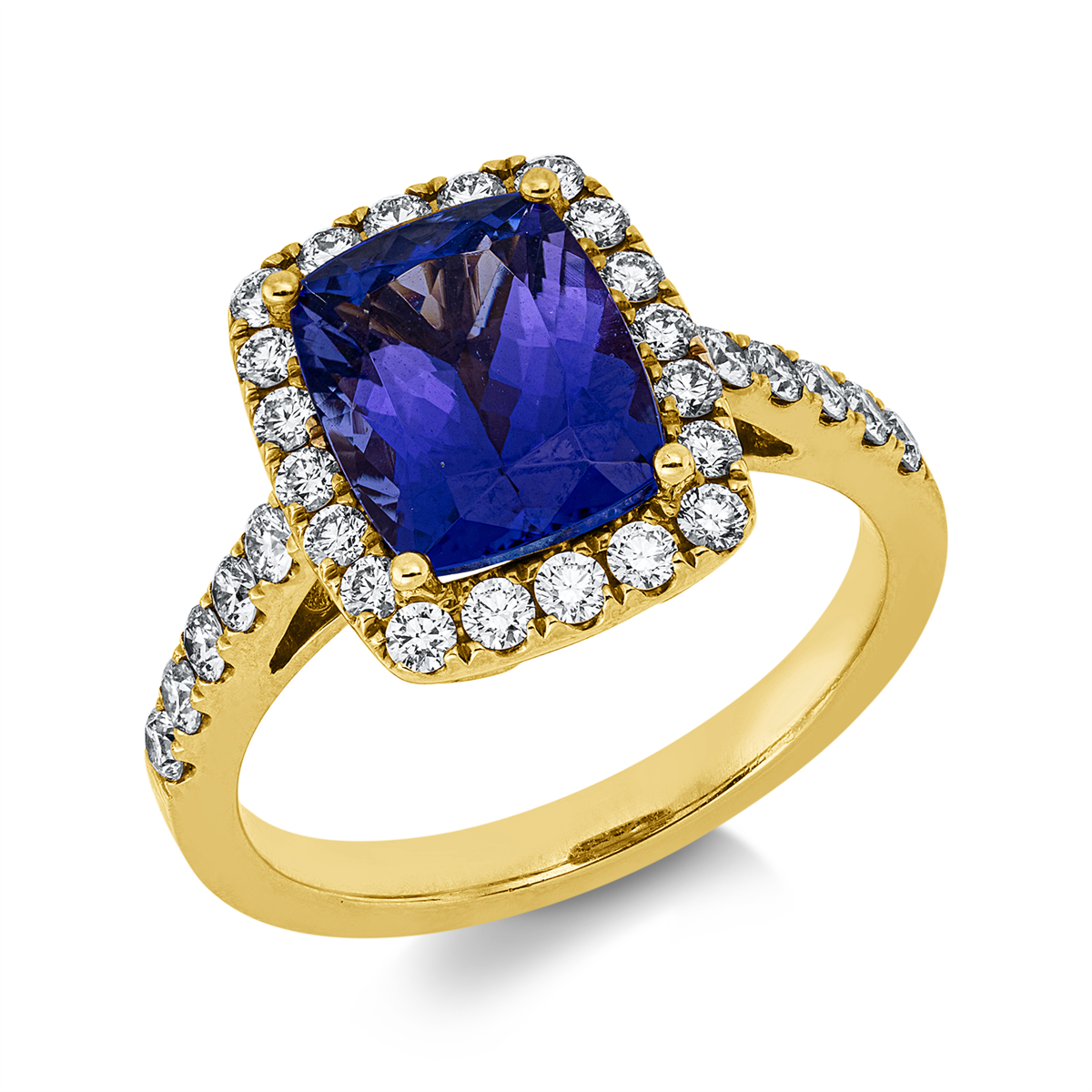 diamond full cut tanzanite colored stone classic ring in yellow gold