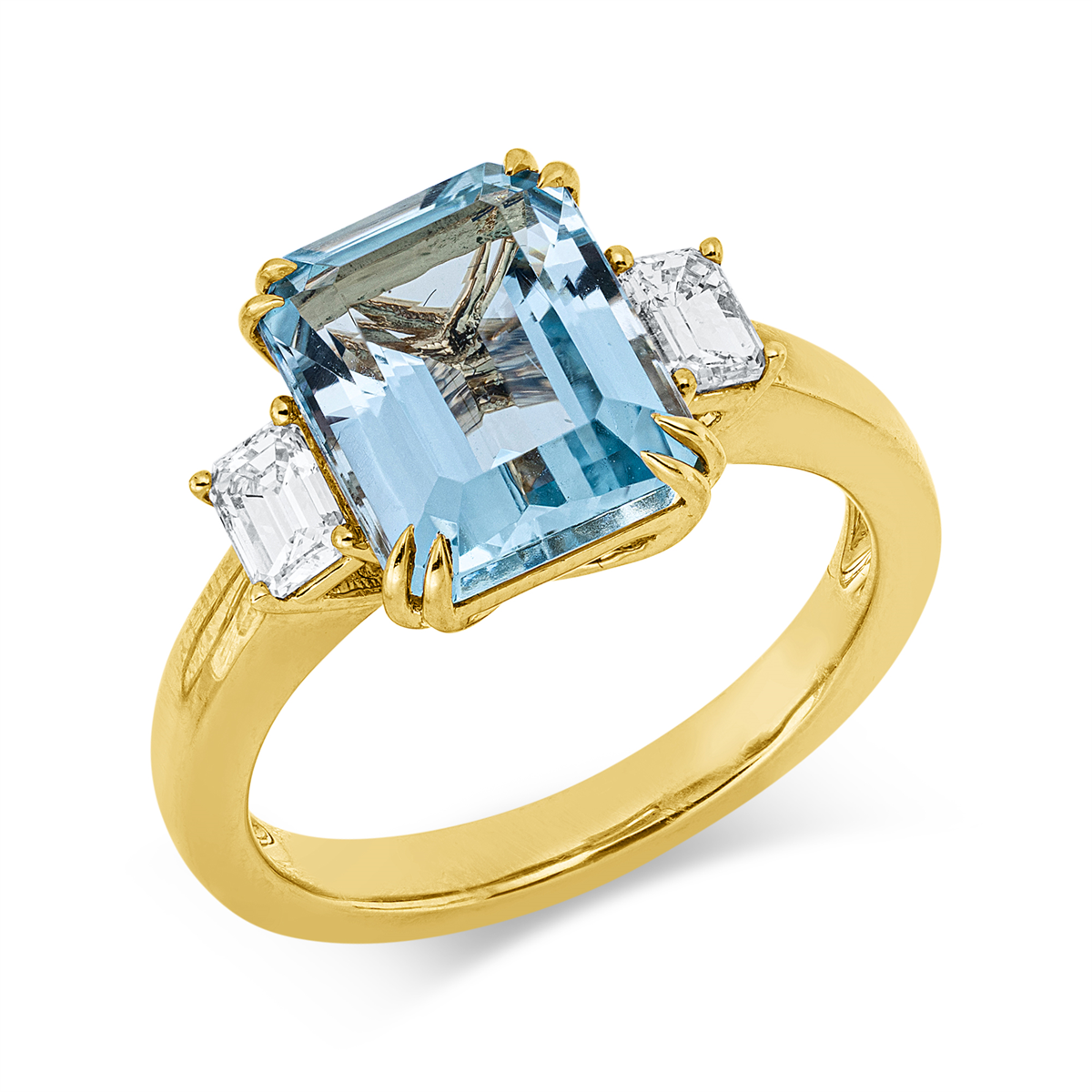 emerald cut aquamarine colored stone classic ring in yellow gold