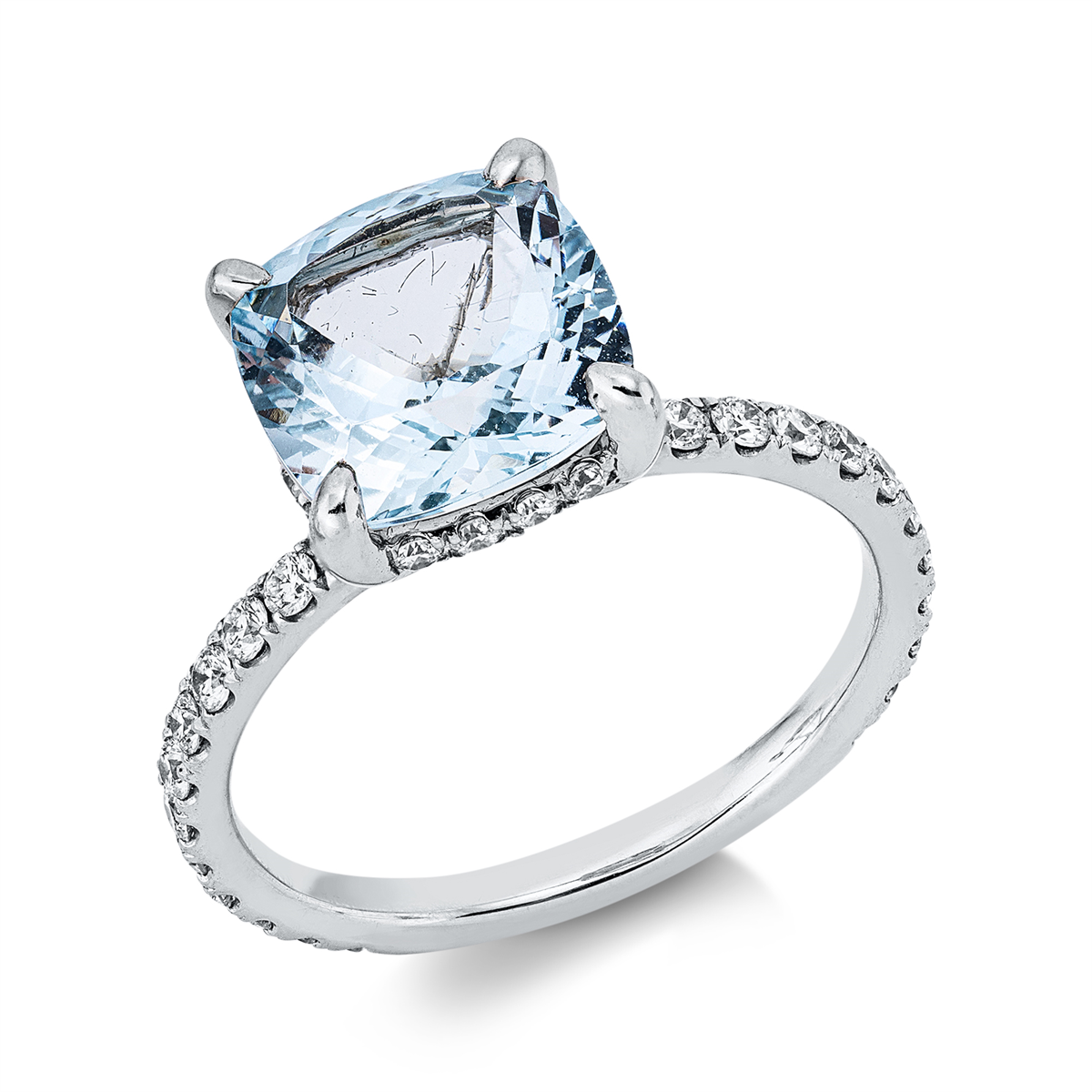 diamond full cut aquamarine colored stone classic ring in white gold