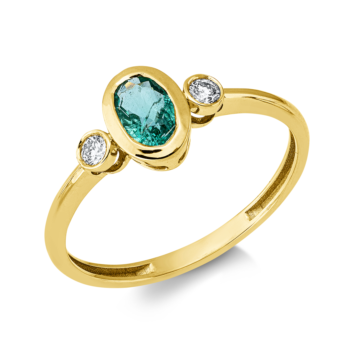 diamond full cut emerald colored stone classic ring in yellow gold