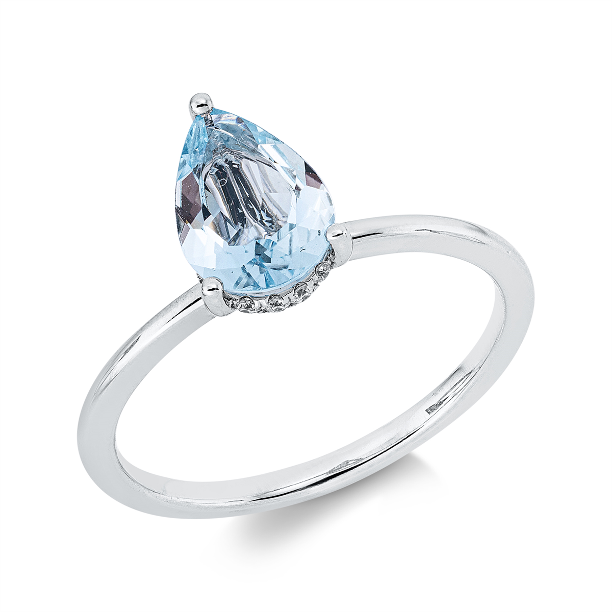 diamond full cut aquamarine colored stone classic ring in white gold