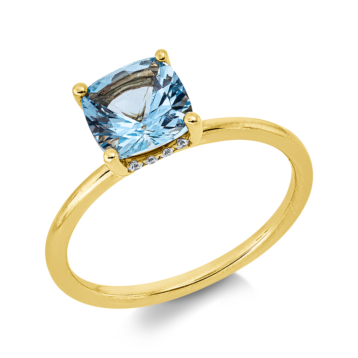 diamond full cut aquamarine colored stone classic ring in yellow gold